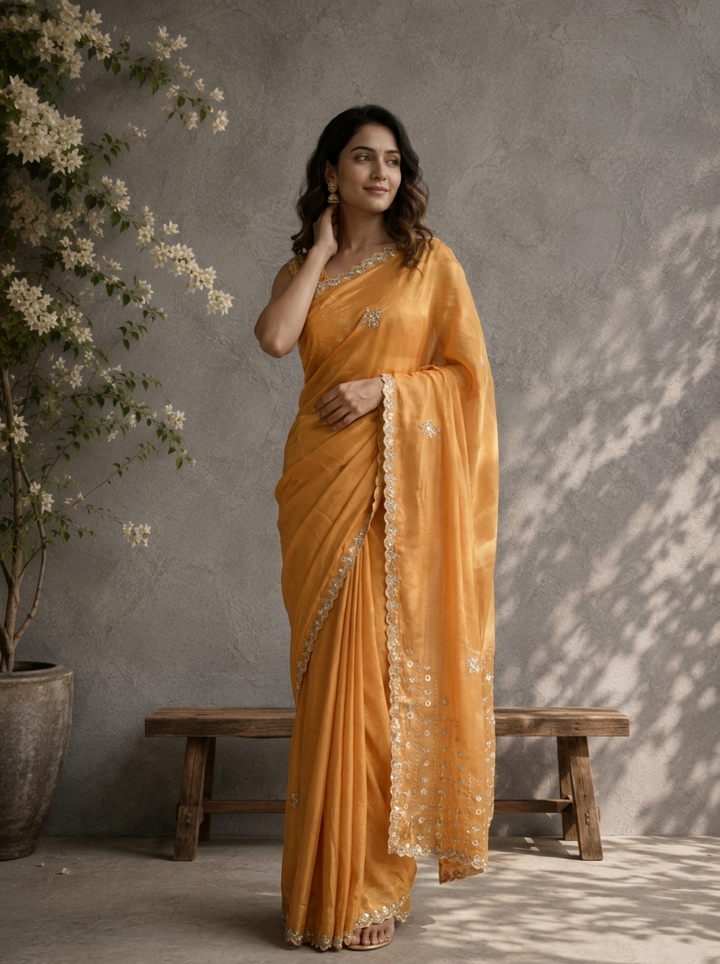 Mustard Organza Embroidered Saree With Scallop Sequin Border