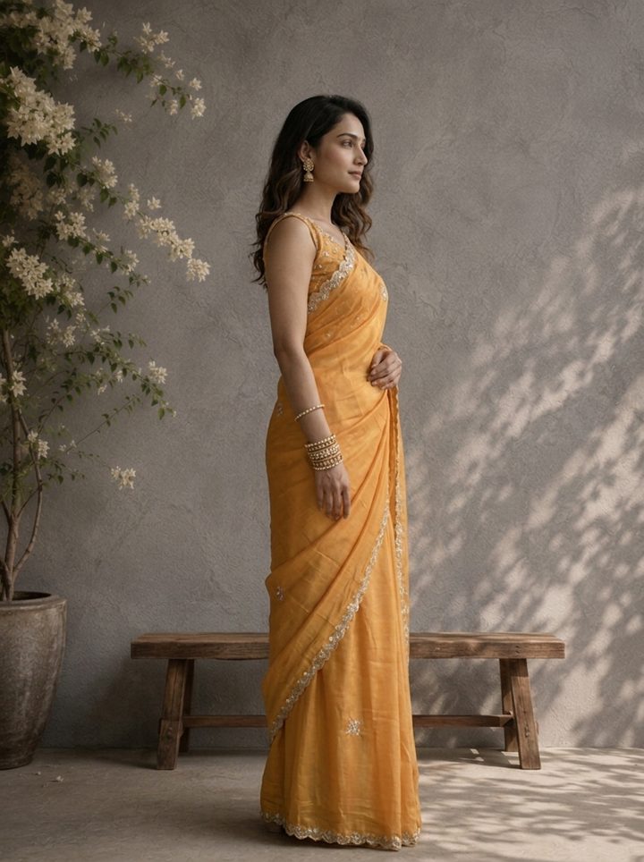 Mustard Organza Embroidered Saree With Scallop Sequin Border
