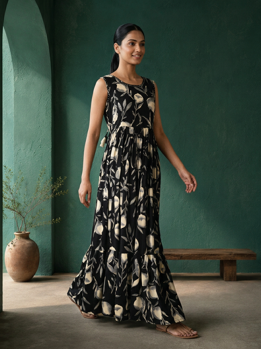 Black Rayon Watercolor Floral Printed Dress