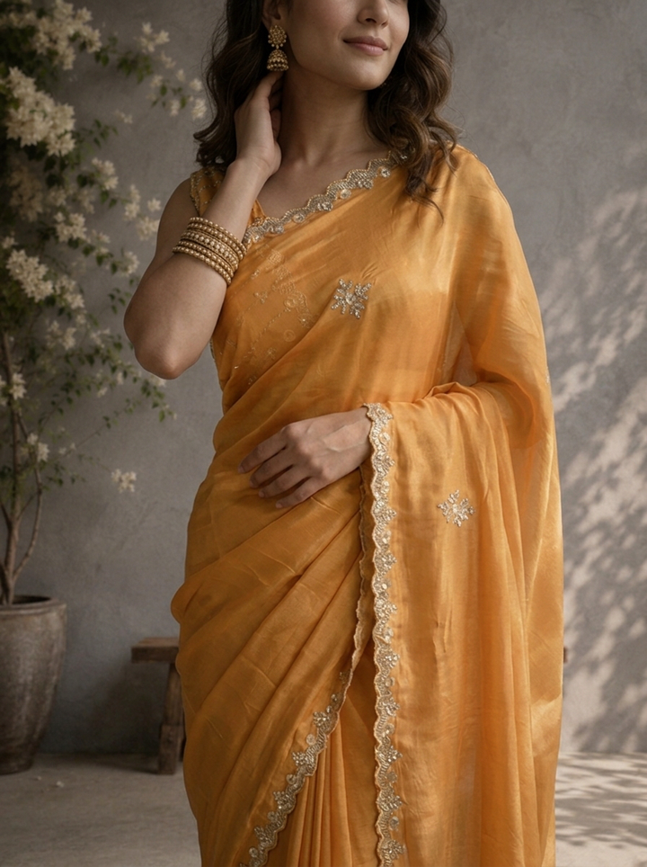 Mustard Organza Embroidered Saree With Scallop Sequin Border