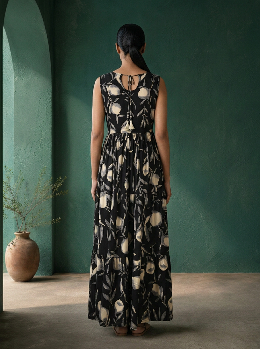 Black Rayon Watercolor Floral Printed Dress