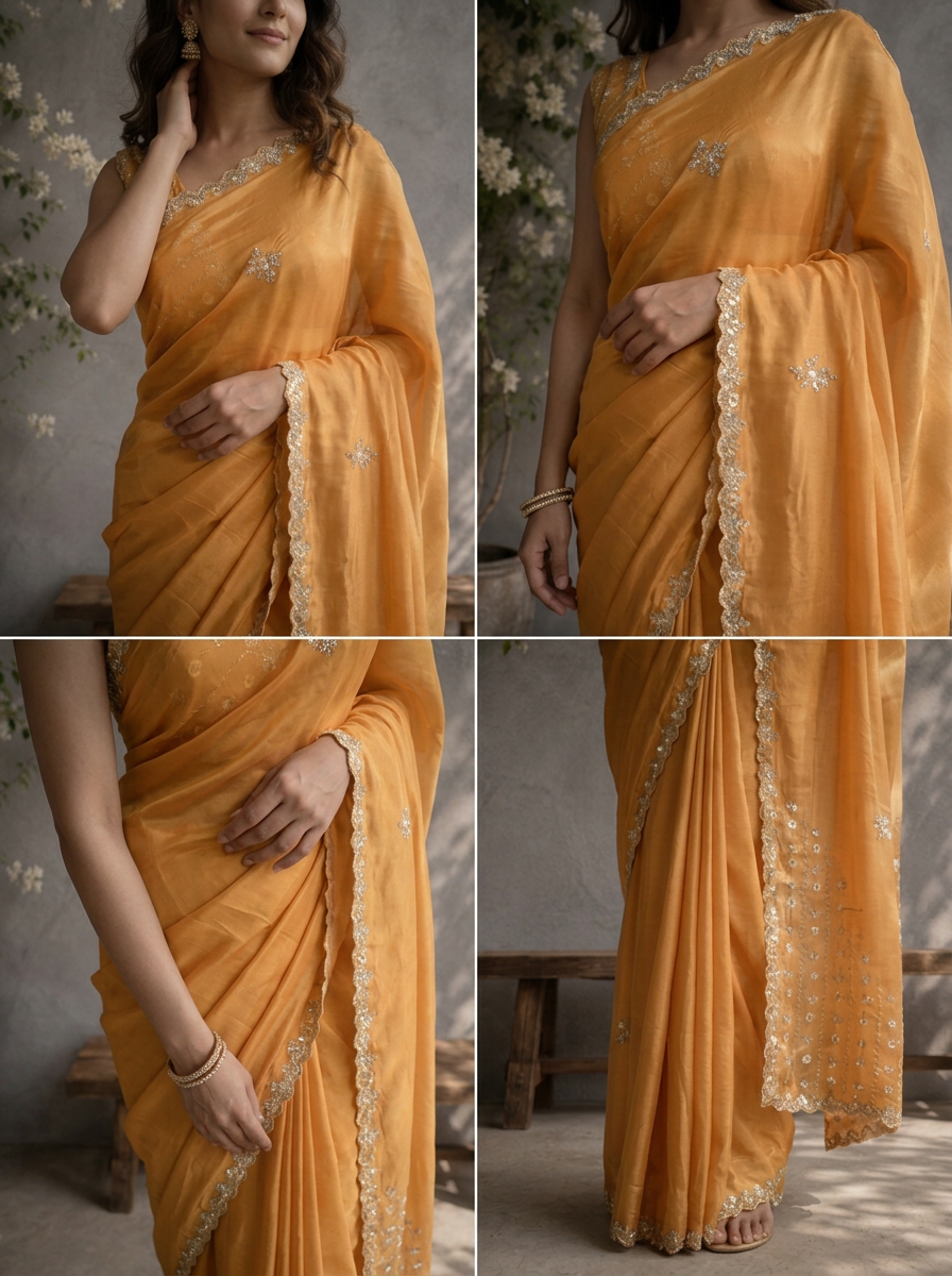 Mustard Organza Embroidered Saree With Scallop Sequin Border
