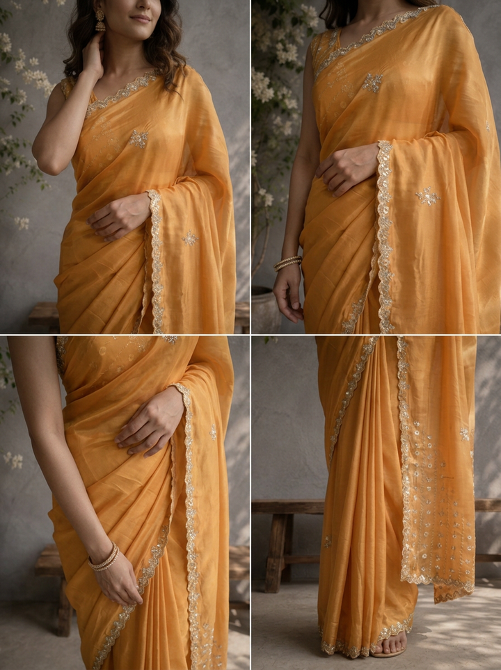 Mustard Organza Embroidered Saree With Scallop Sequin Border