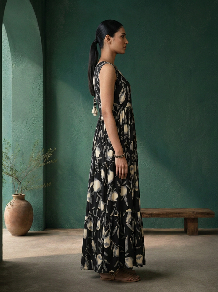 Black Rayon Watercolor Floral Printed Dress