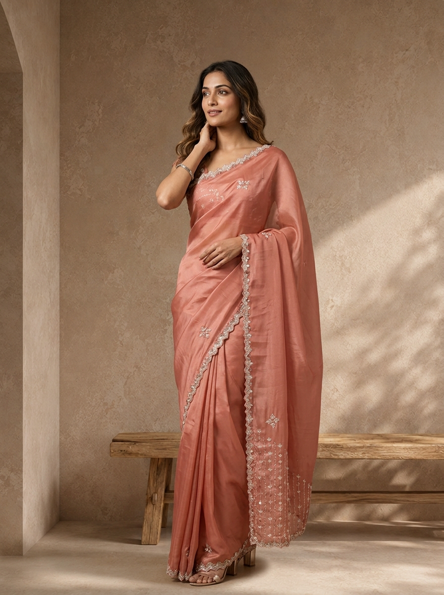 Onion Organza Embroidered Saree With Scallop Sequin Border