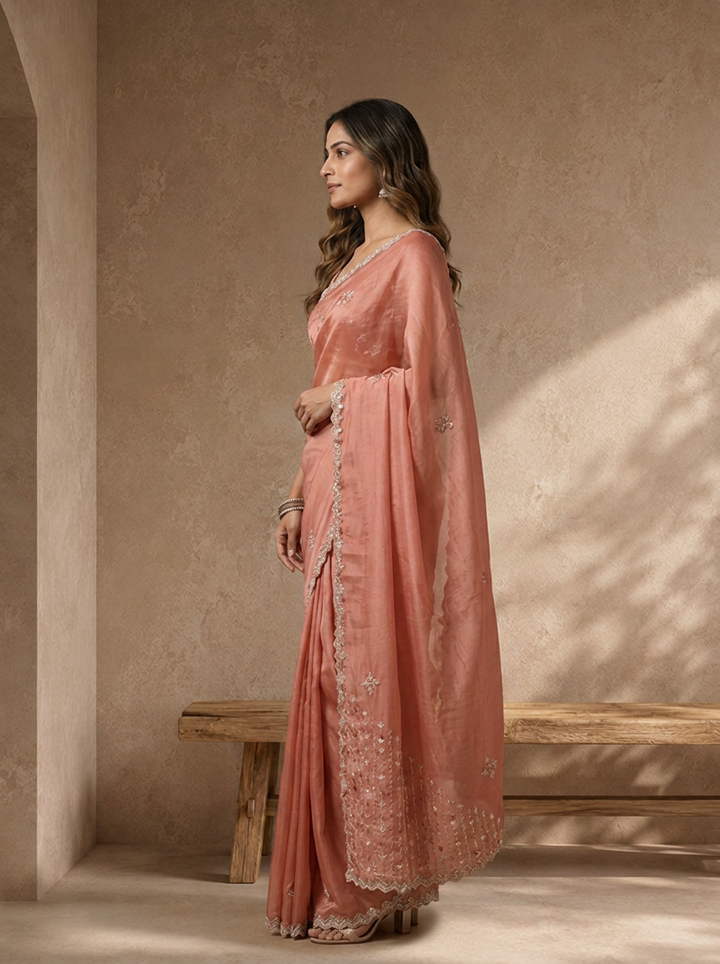 Onion Organza Embroidered Saree With Scallop Sequin Border