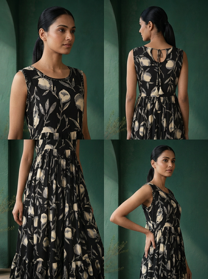 Black Rayon Watercolor Floral Printed Dress
