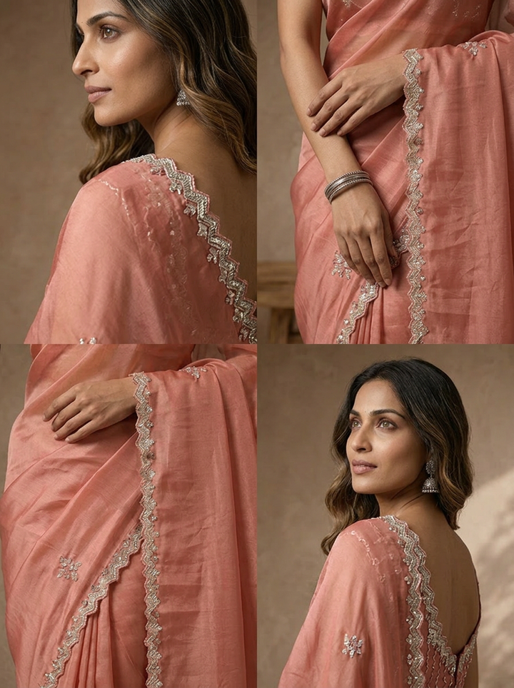 Onion Organza Embroidered Saree With Scallop Sequin Border