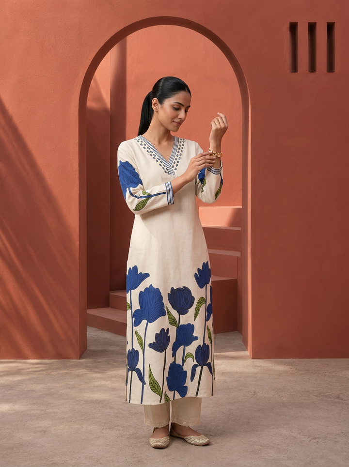 Royal Blue Cotton Large Floral Printed Two Piece Set
