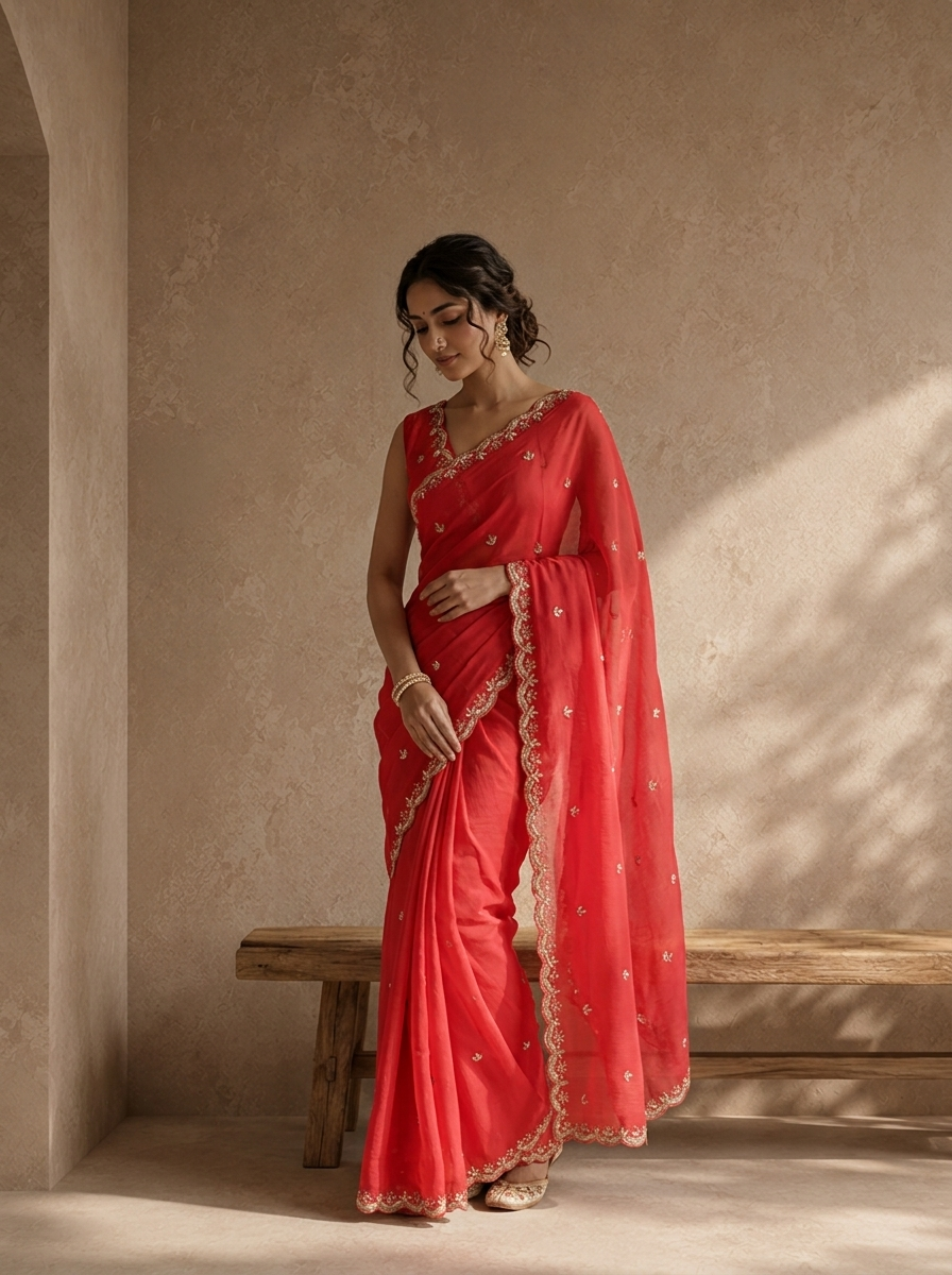 Rani Pink Organza Scalloped Cut Border Embroidered Saree