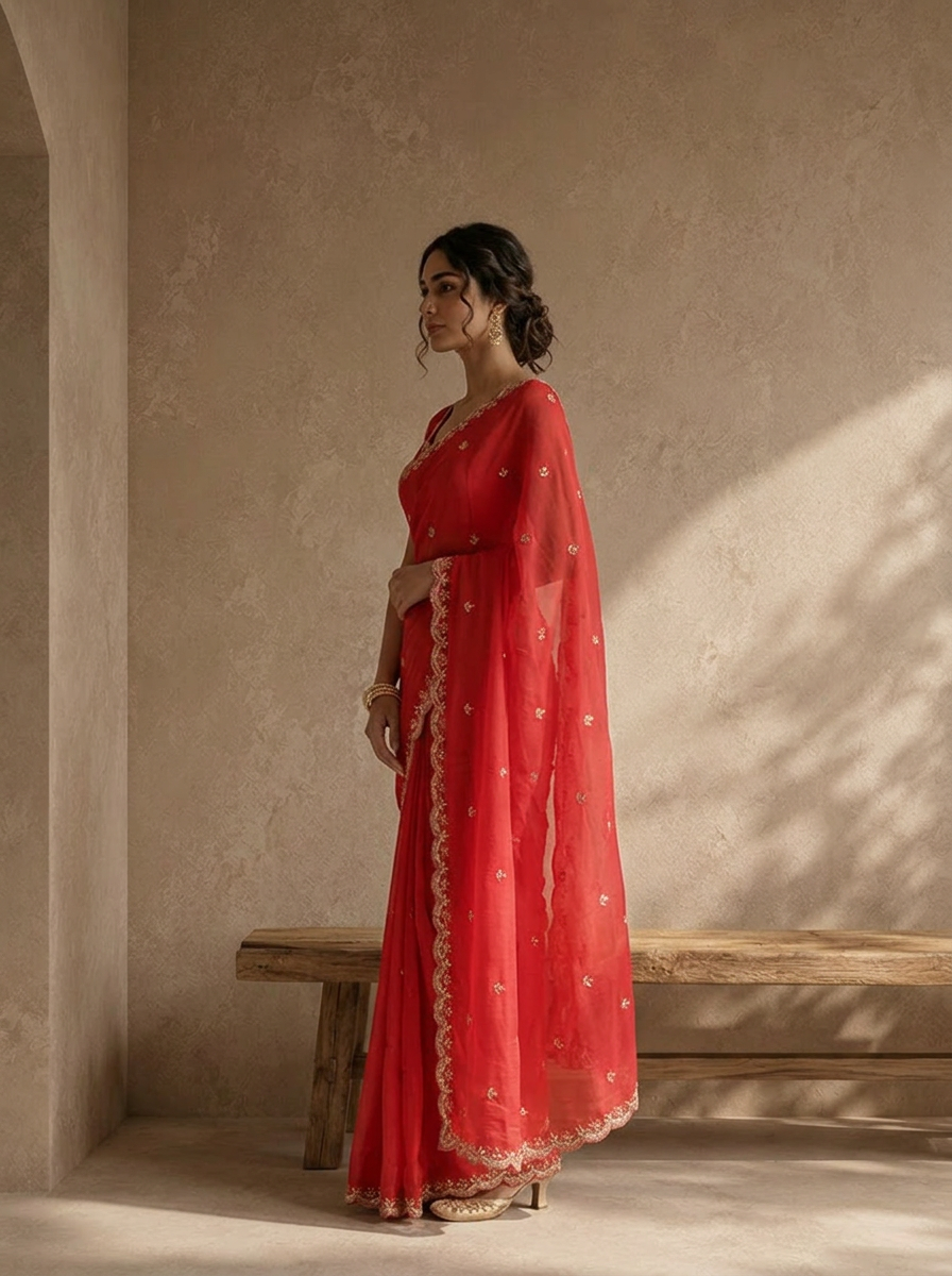 Rani Pink Organza Scalloped Cut Border Embroidered Saree