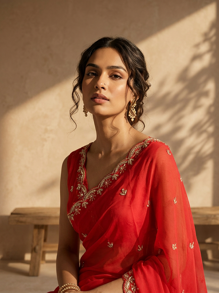 Rani Pink Organza Scalloped Cut Border Embroidered Saree