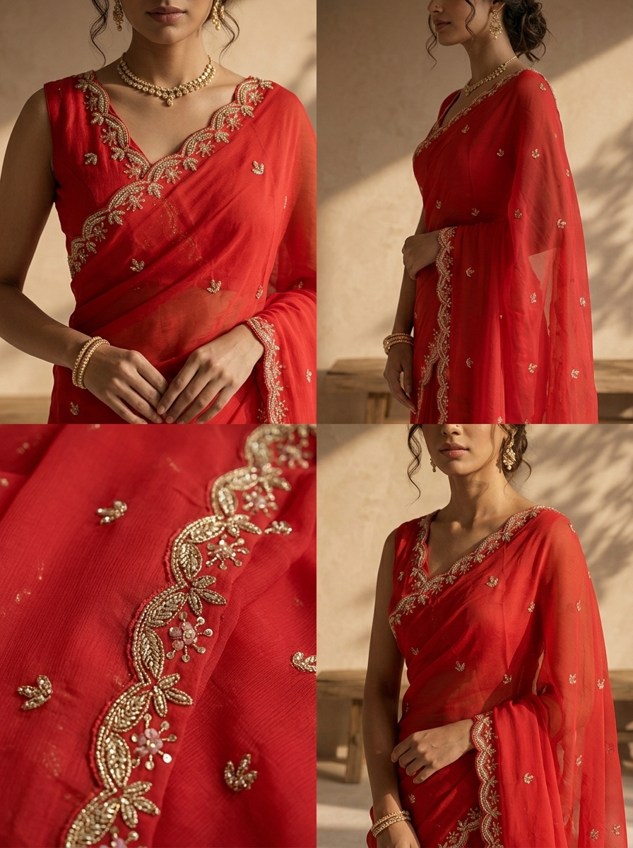 Rani Pink Organza Scalloped Cut Border Embroidered Saree