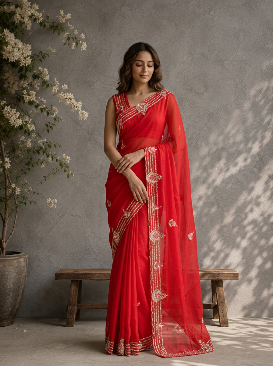 Rani Pink Organza Embroidered Saree With Linear Zardozi Stripe Border