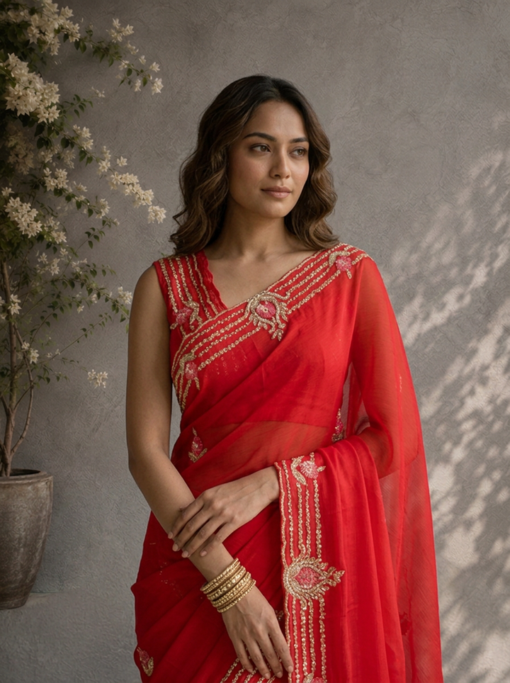 Rani Pink Organza Embroidered Saree With Linear Zardozi Stripe Border