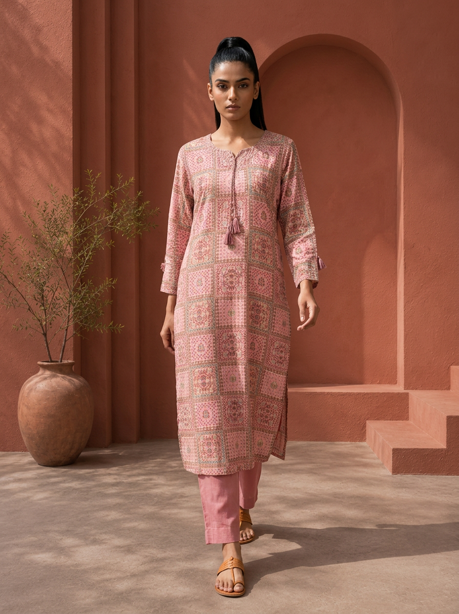 Rose Pink Rayon Digital Patchwork Jaali Printed Two Piece Set