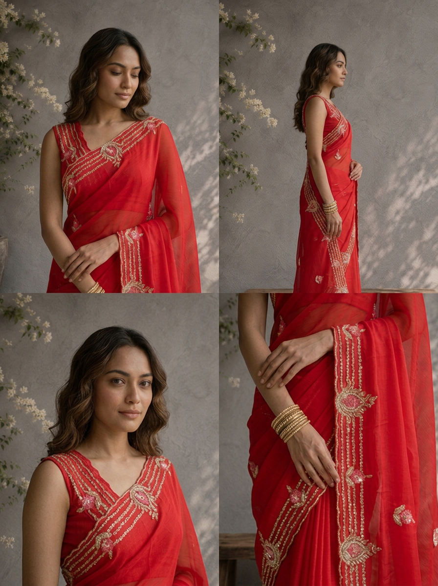 Rani Pink Organza Embroidered Saree With Linear Zardozi Stripe Border