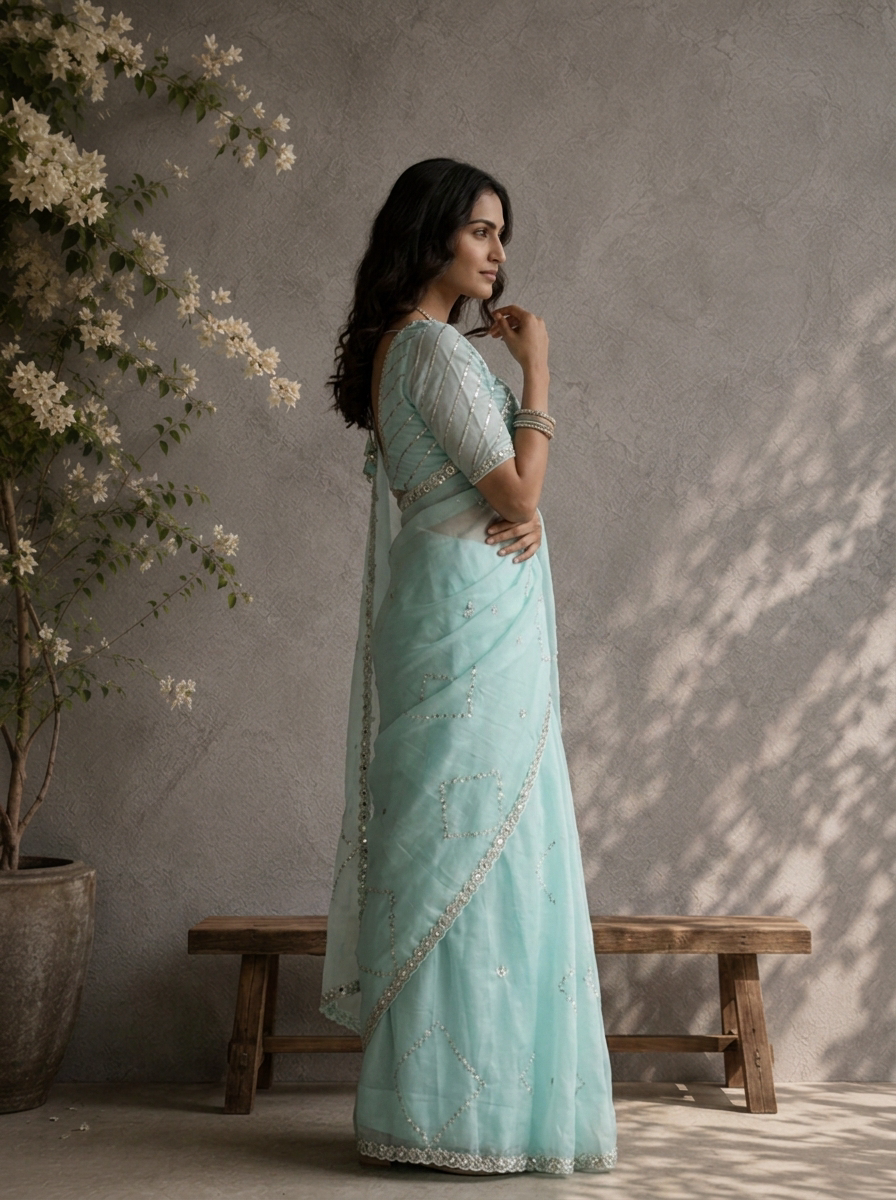Sky Blue Organza Geometric Sequin Jaal Embroidered Saree With Mirror Border