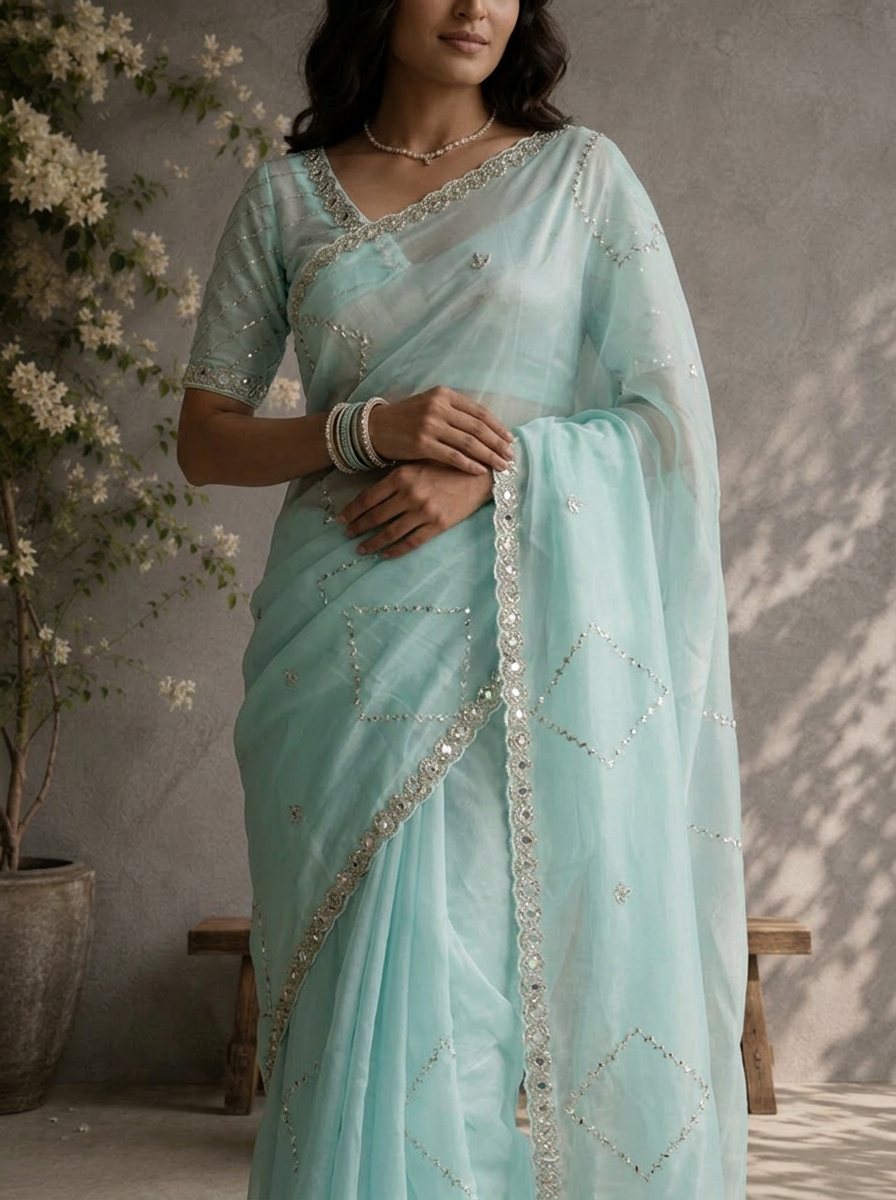 Sky Blue Organza Geometric Sequin Jaal Embroidered Saree With Mirror Border