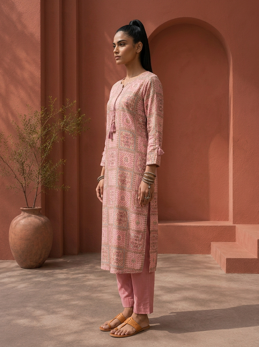 Rose Pink Rayon Digital Patchwork Jaali Printed Two Piece Set