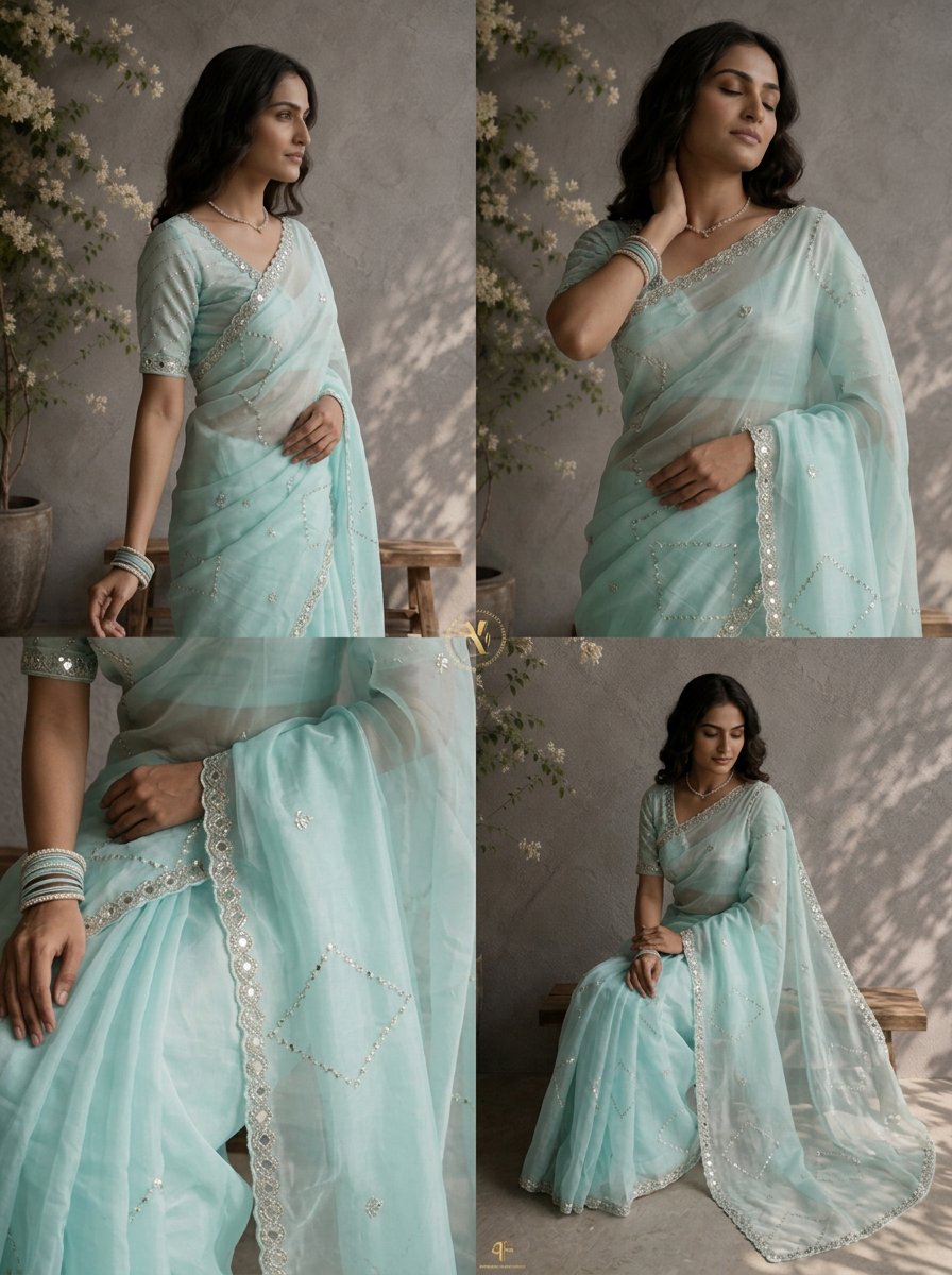 Sky Blue Organza Geometric Sequin Jaal Embroidered Saree With Mirror Border