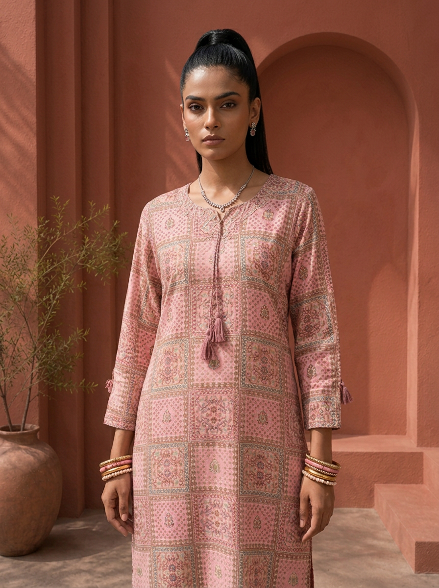 Rose Pink Rayon Digital Patchwork Jaali Printed Two Piece Set