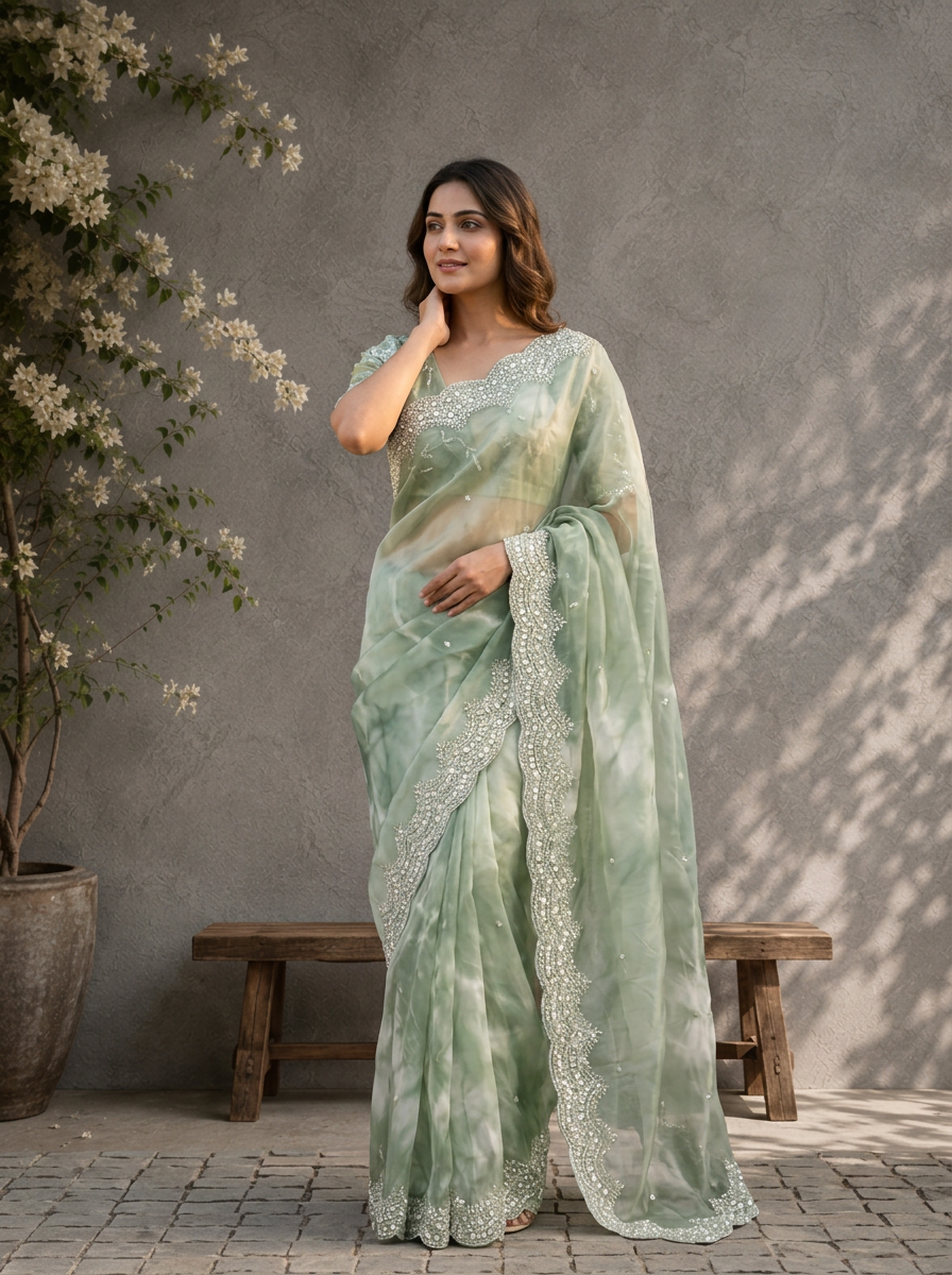 Green Organza Tie-Dye Saree With Heavy Scallop Stone And Mirror Border