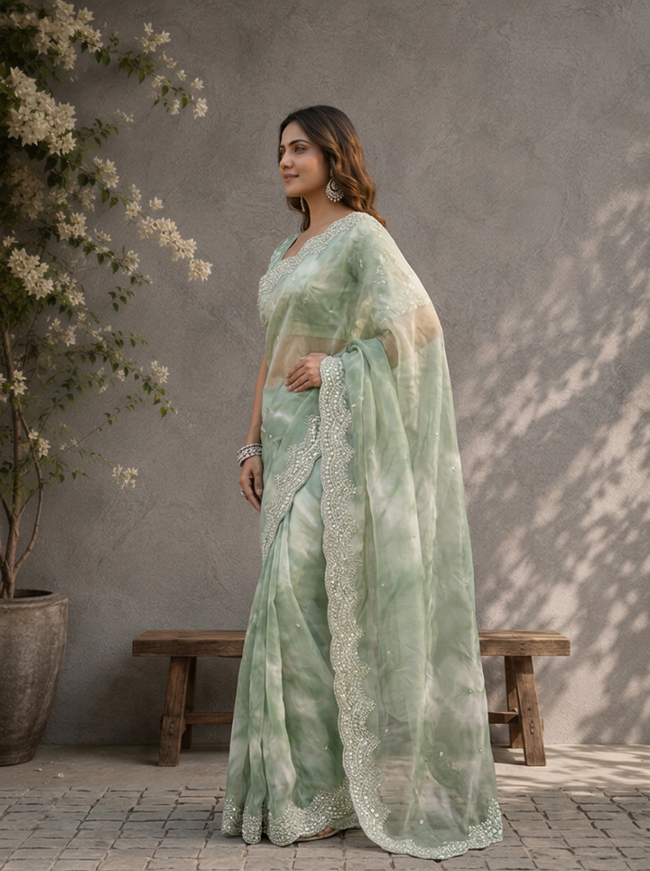 Green Organza Tie-Dye Saree With Heavy Scallop Stone And Mirror Border