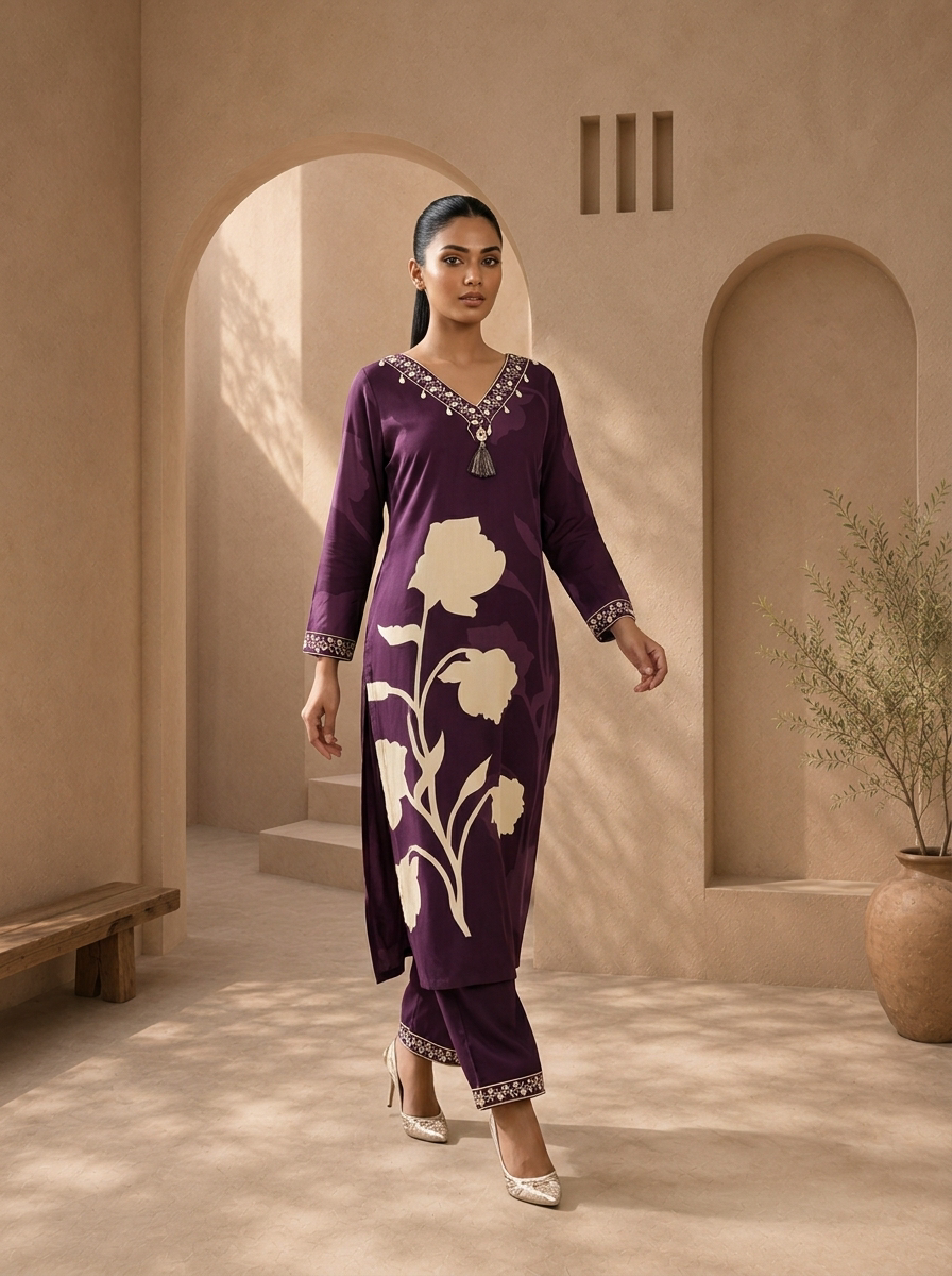 Wine Rayon Floral Printed Two Piece Set