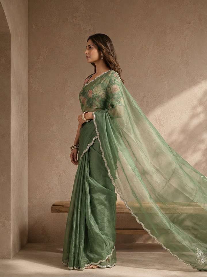 Mehadi Green Organza Embroidered Saree With Scallop Gota Border