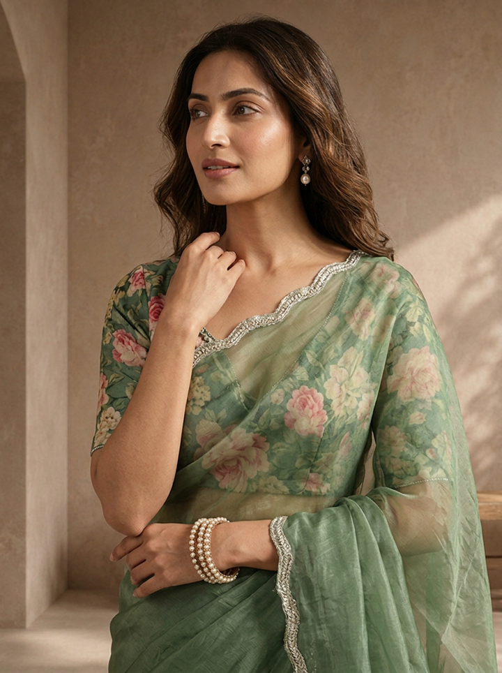 Mehadi Green Organza Embroidered Saree With Scallop Gota Border