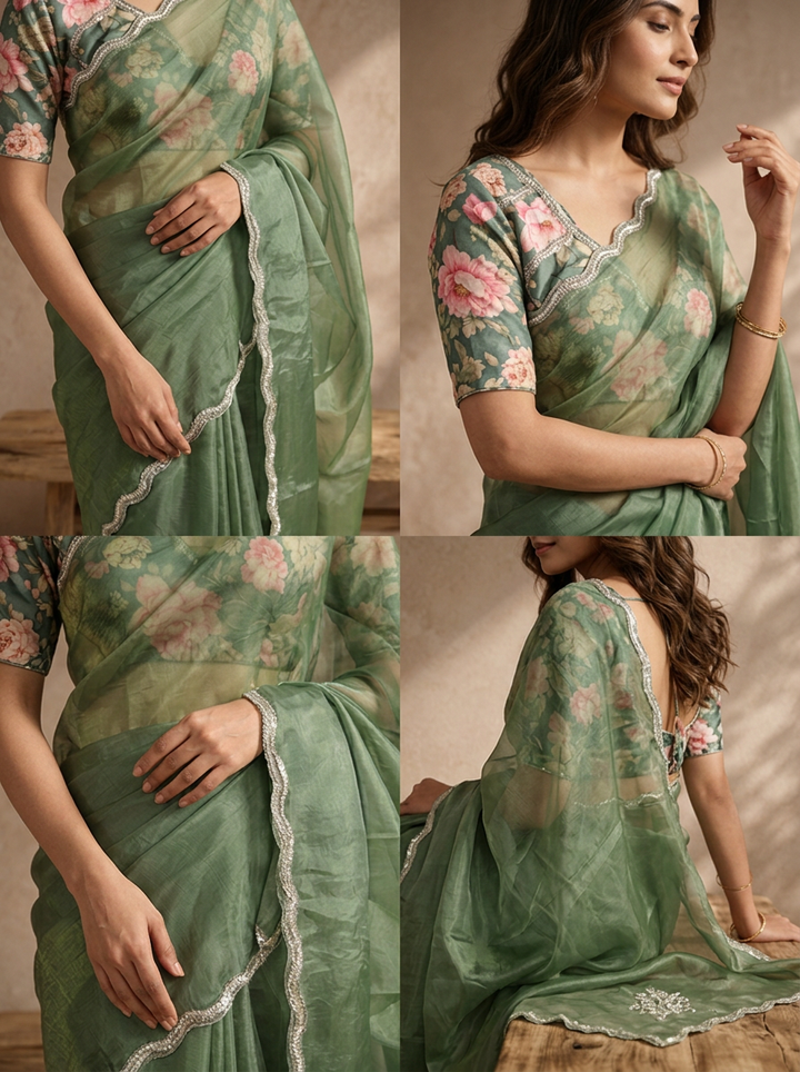 Mehadi Green Organza Embroidered Saree With Scallop Gota Border