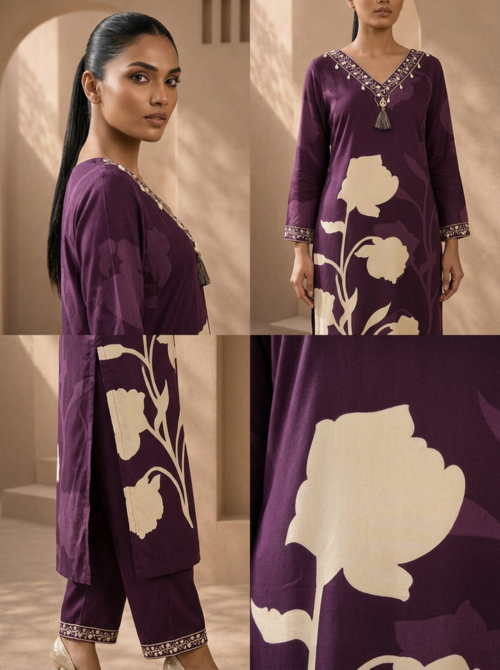 Wine Rayon Floral Printed Two Piece Set
