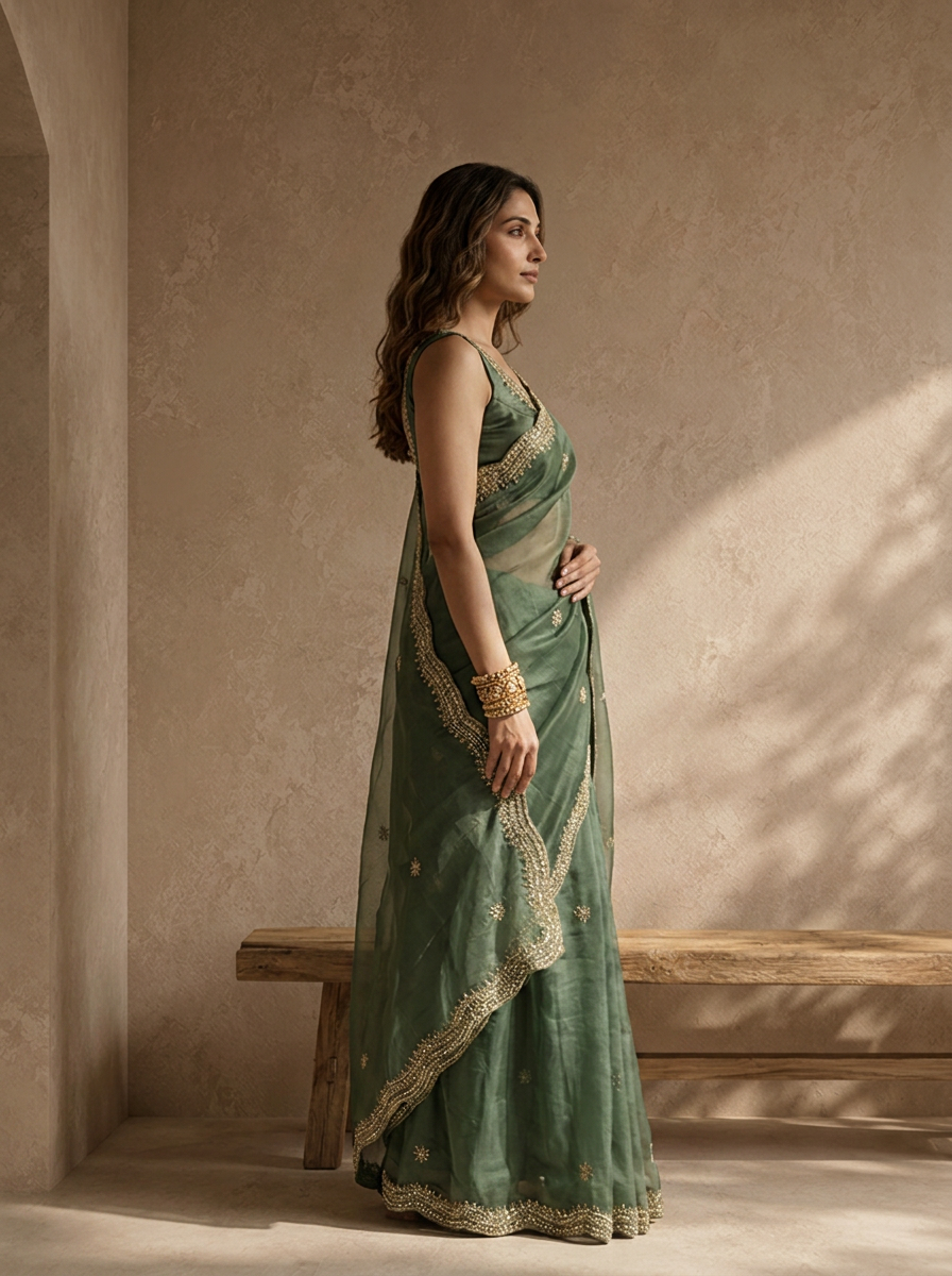 Mehadi Green Organza Embroidered Saree With Zardozi Scallop Border