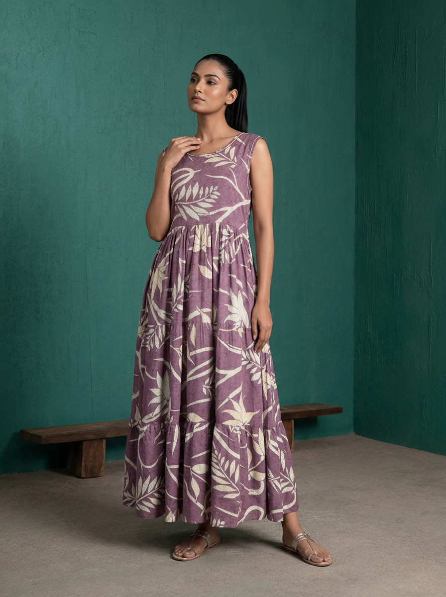 Lavender Rayon Tropical Leaf Printed Dress
