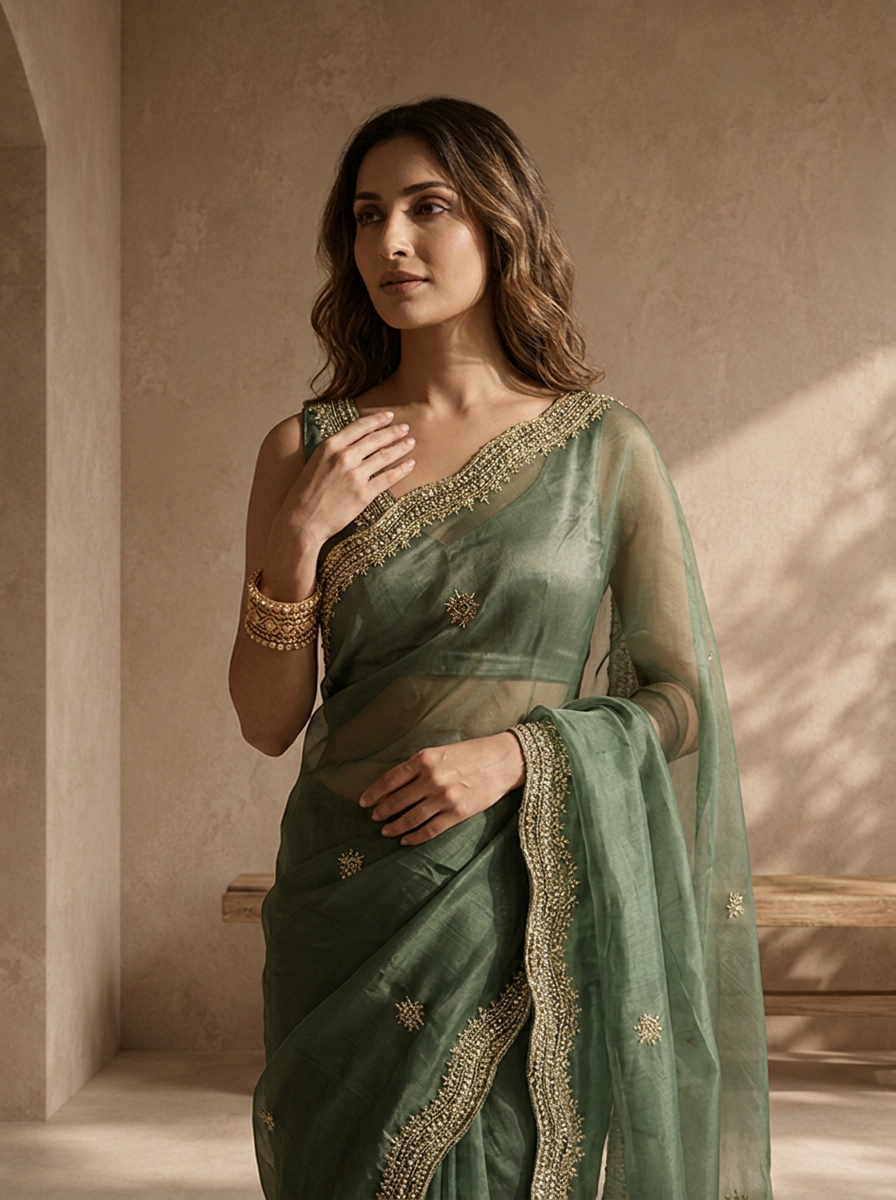 Mehadi Green Organza Embroidered Saree With Zardozi Scallop Border