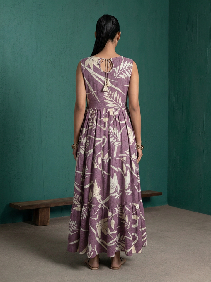 Lavender Rayon Tropical Leaf Printed Dress