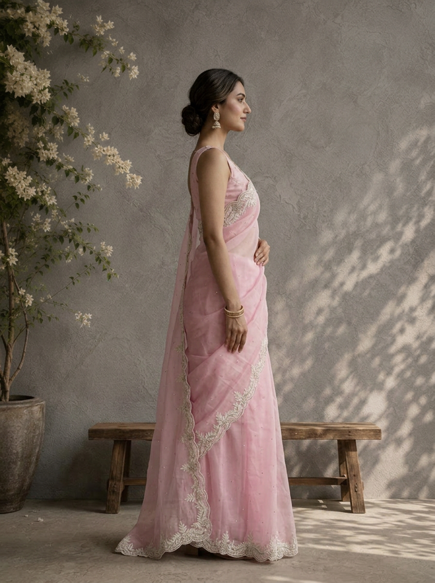 Baby Pink Organza Scallop Embroidered Saree