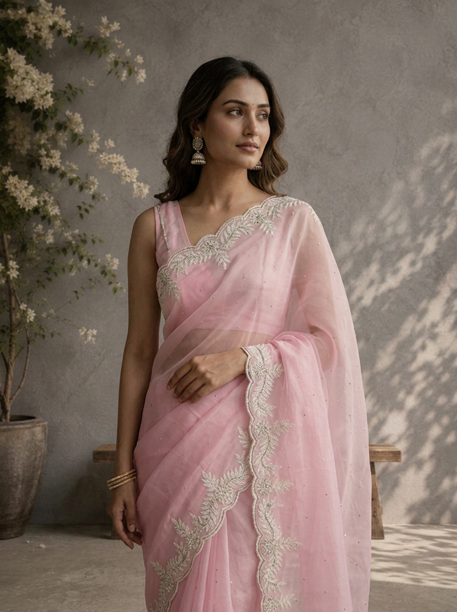 Baby Pink Organza Scallop Embroidered Saree