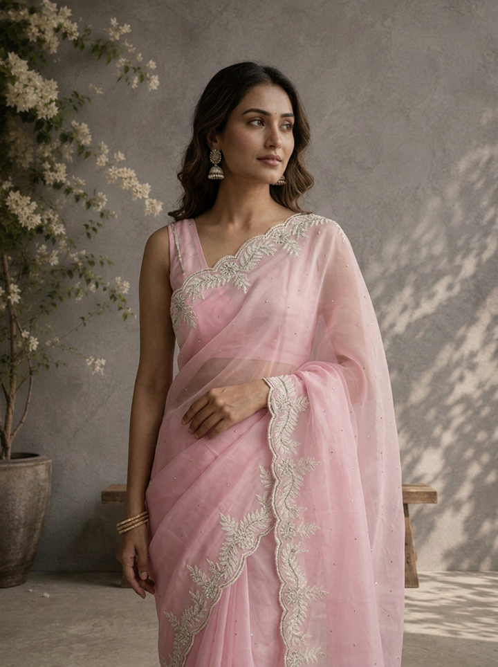 Baby Pink Organza Scallop Embroidered Saree