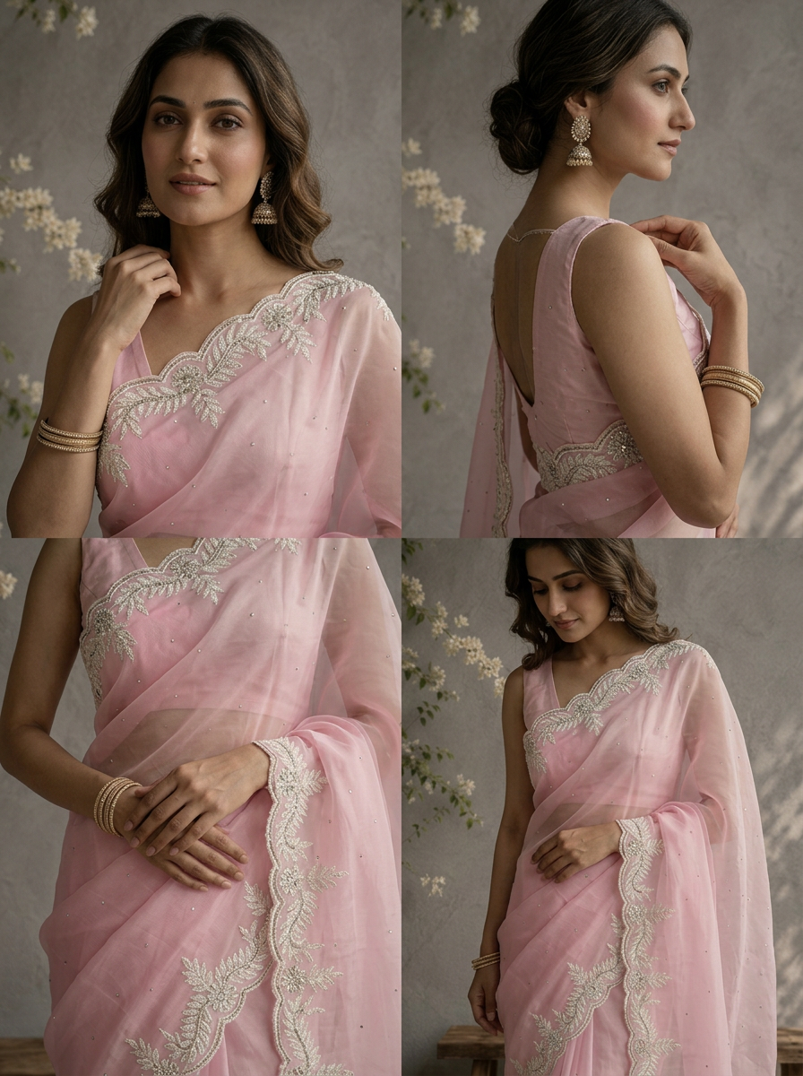 Baby Pink Organza Scallop Embroidered Saree