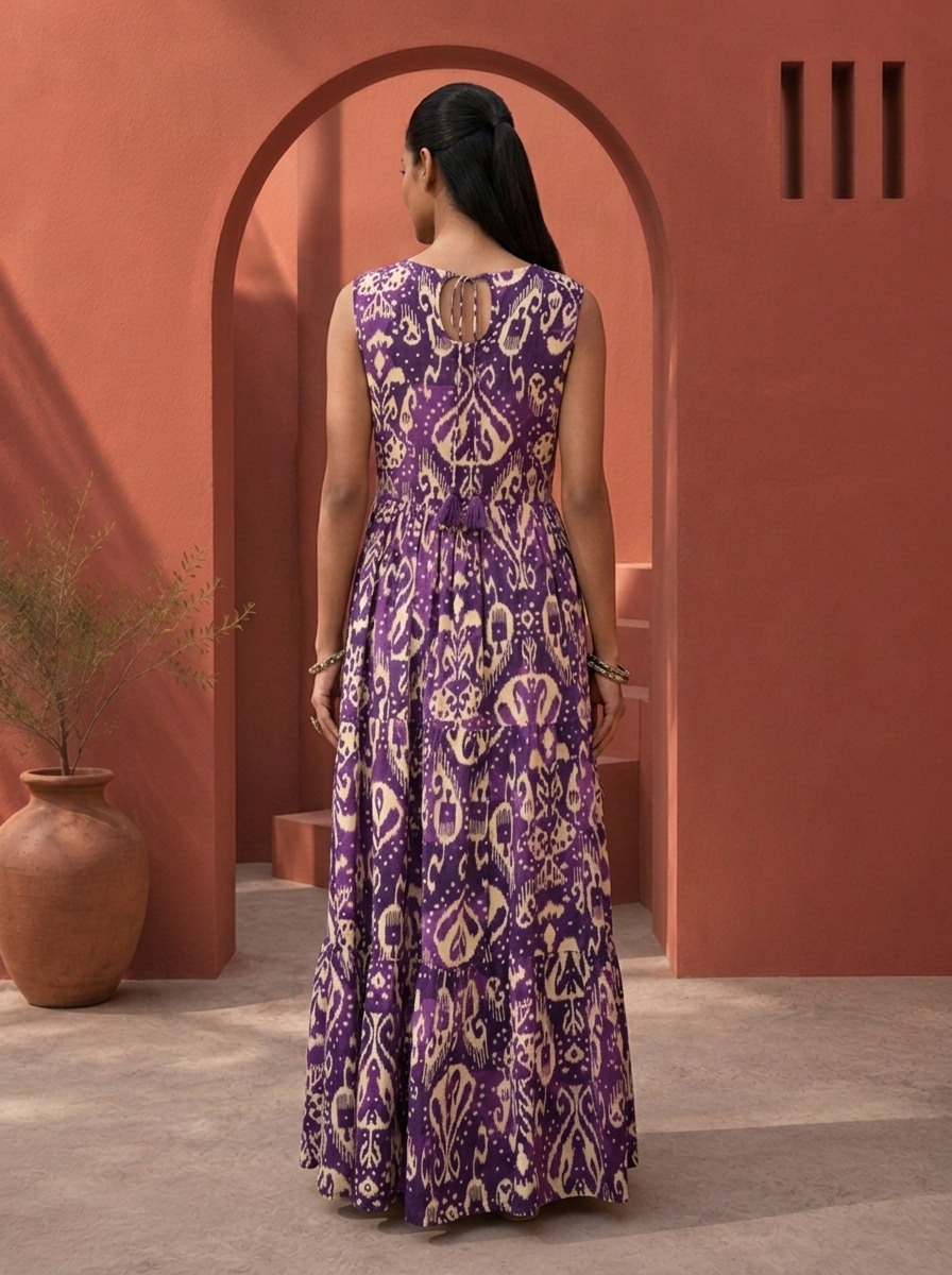 Purple Rayon Ikat Digital Printed Dress