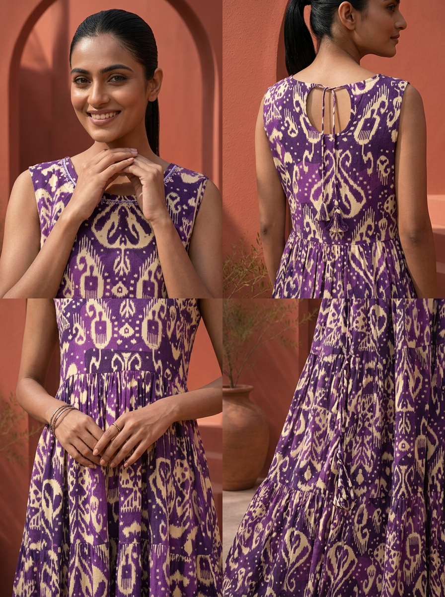 Purple Rayon Ikat Digital Printed Dress