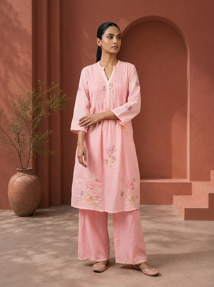 Peach Cotton Floral Thread Embroidered Two Piece Set