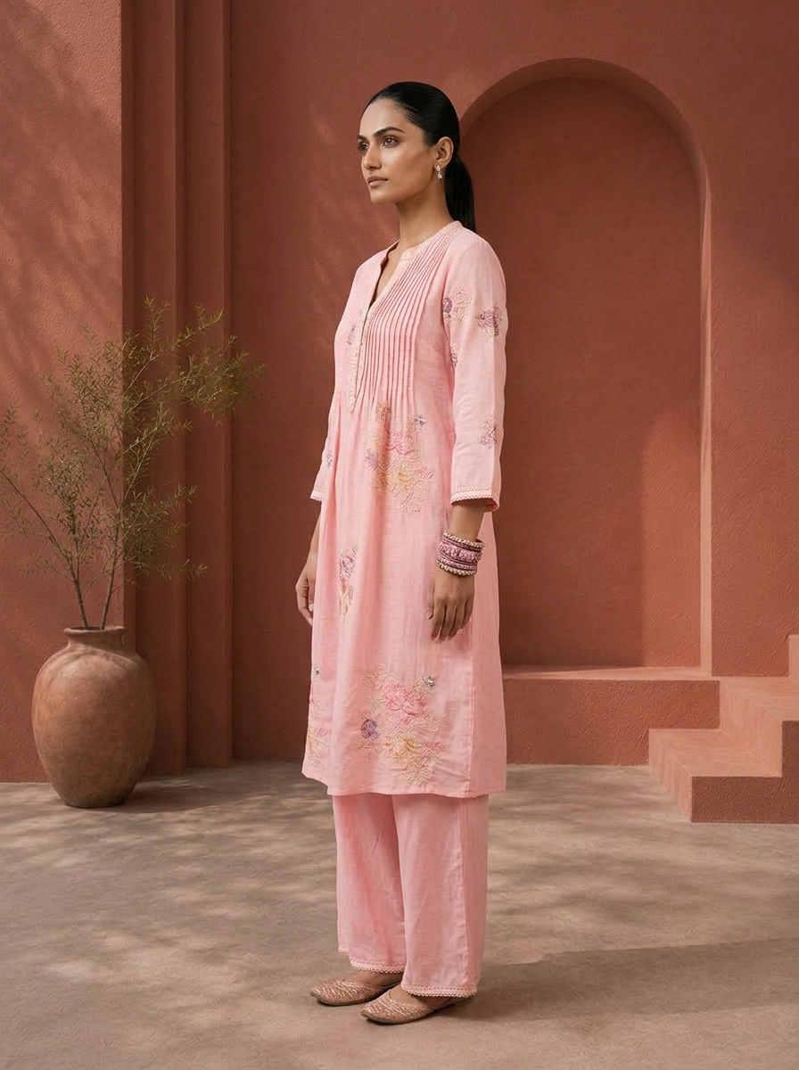 Peach Cotton Floral Thread Embroidered Two Piece Set