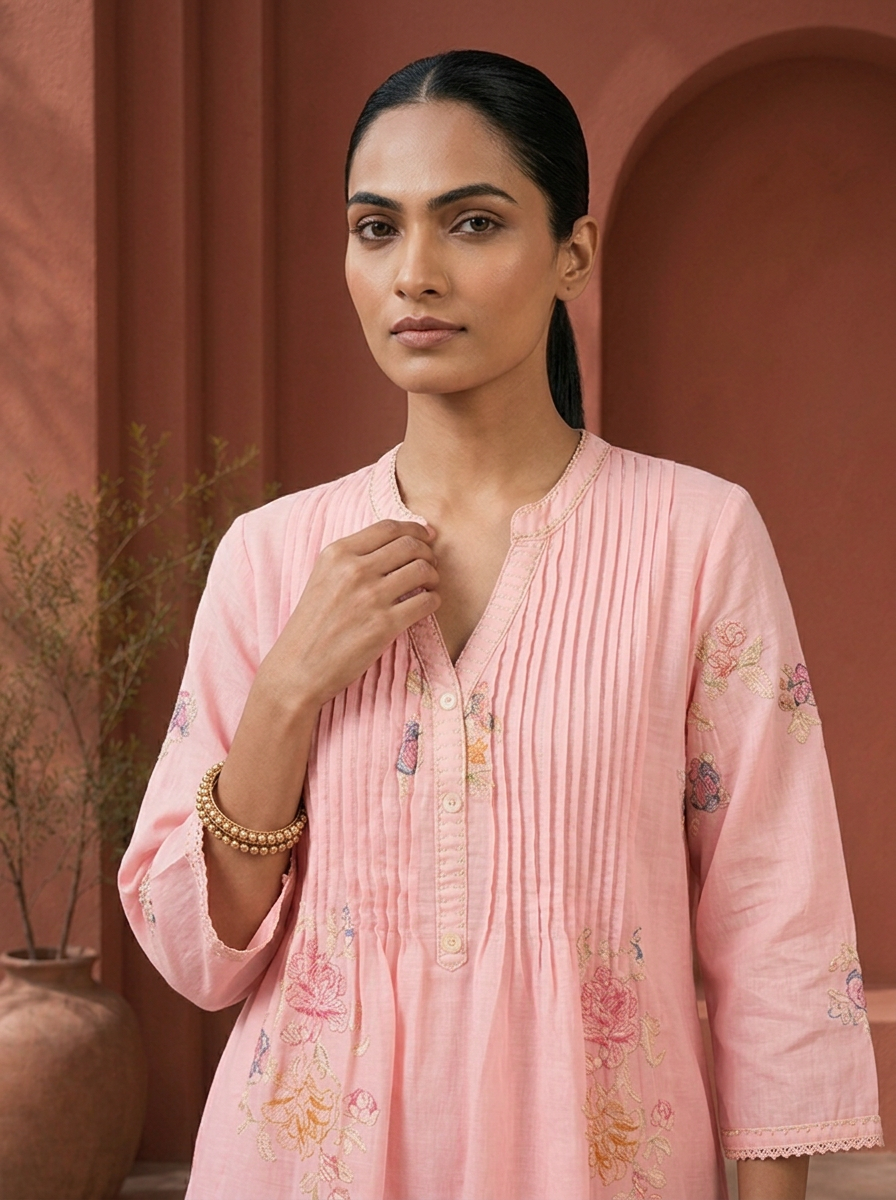 Peach Cotton Floral Thread Embroidered Two Piece Set