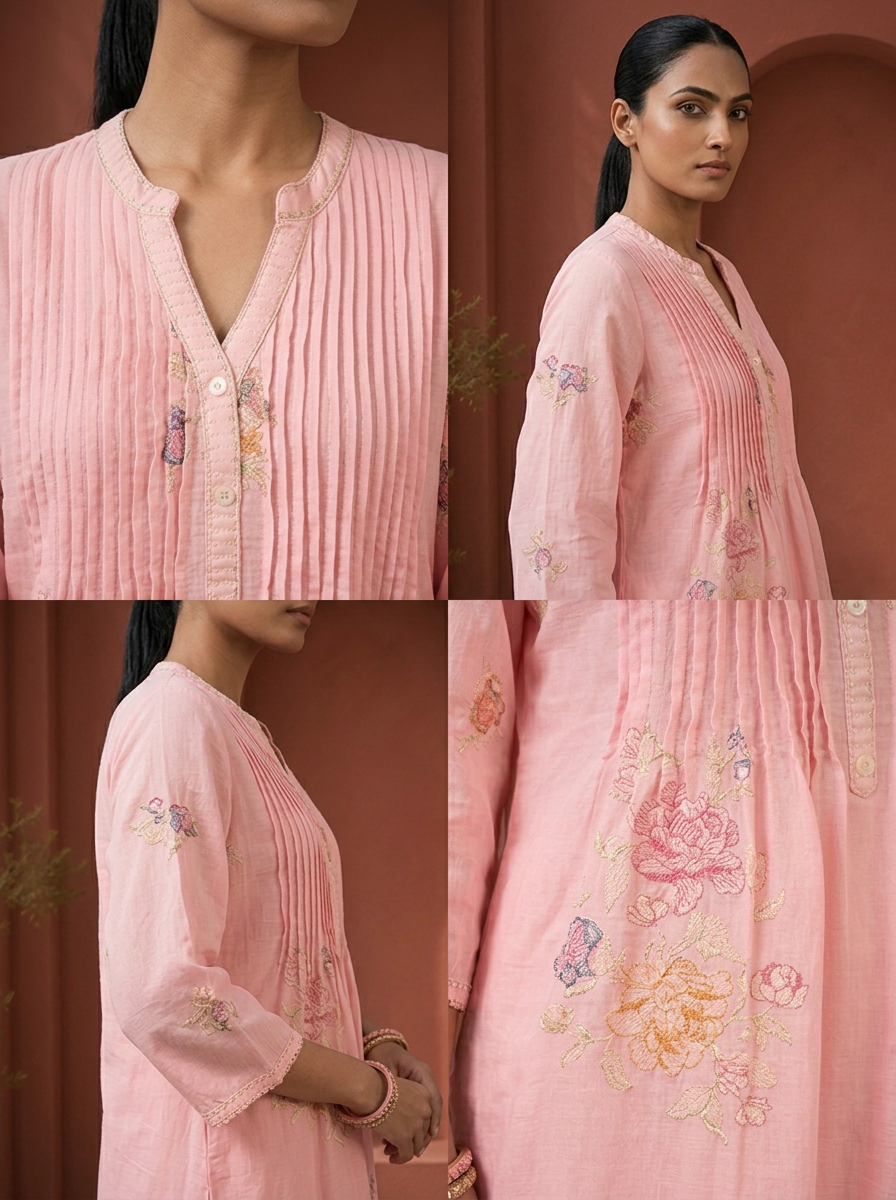 Peach Cotton Floral Thread Embroidered Two Piece Set