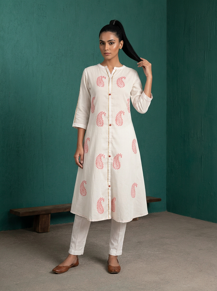 White Rayon Paisley Block Printed Kurta