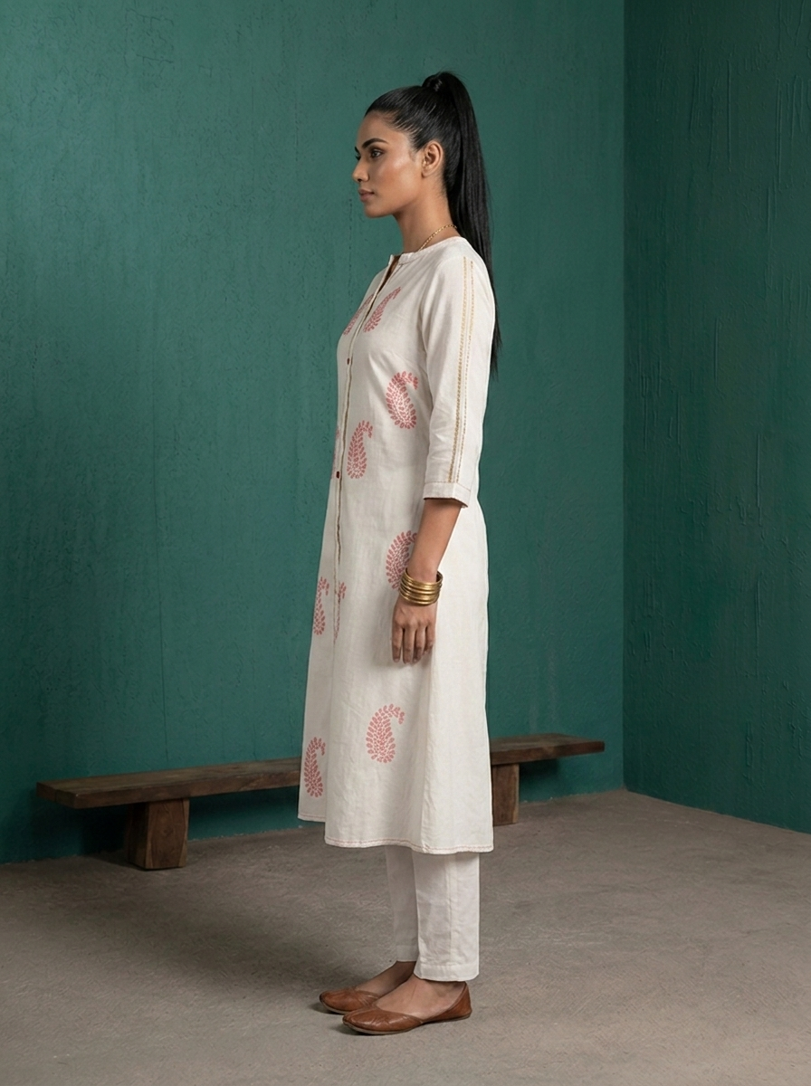 White Rayon Paisley Block Printed Kurta
