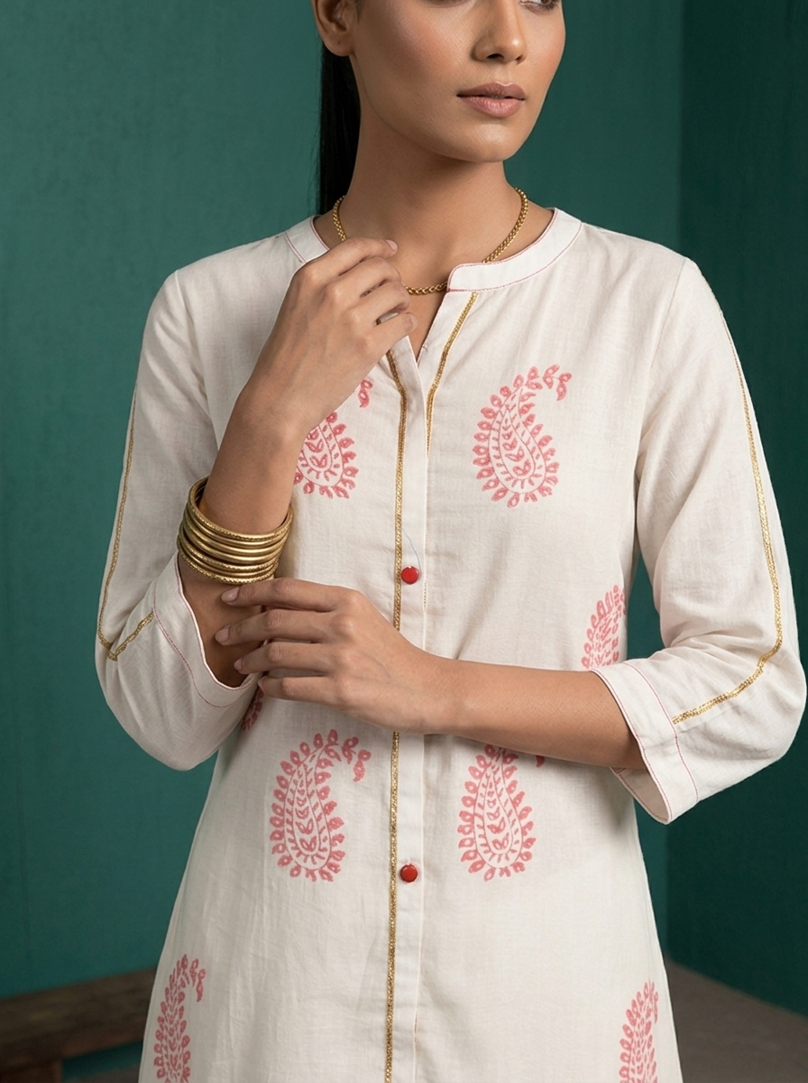 White Rayon Paisley Block Printed Kurta